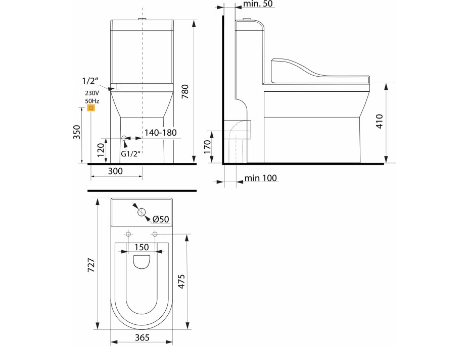 Sapho HUBERT WC kombi, zadní/spodní odpad s elektronickým bidetem USPA LUX UB-6635RU-2