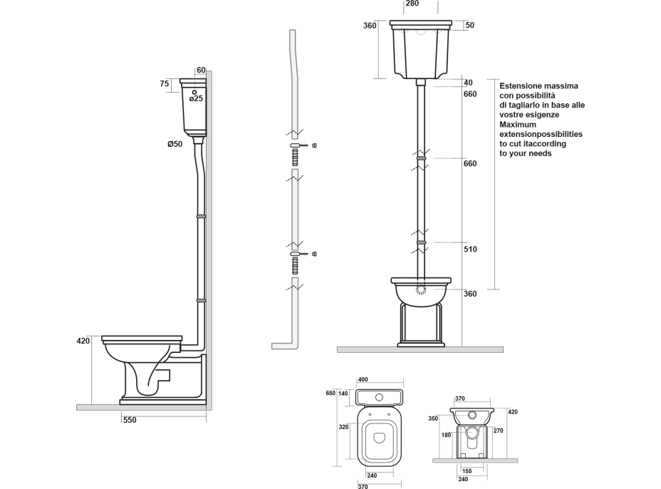 Kerasan WALDORF WC mísa s nádržkou, spodní/zadní odpad, černá-chrom WCSET27-WALDORF