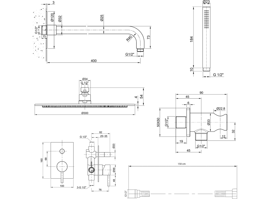 Sapho MINIMAL podomítkový sprchový set s pákovou baterií, 2 výstupy, nerez mat MI042-01