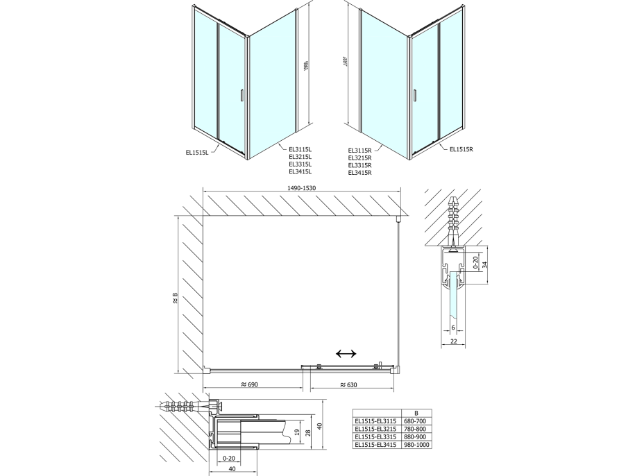 Polysan EASY obdélníkový sprchový kout 1500x700mm, čiré sklo L/P varianta EL1515EL3115