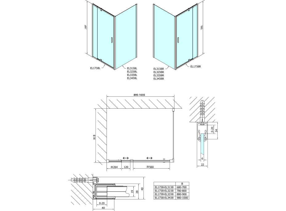 Polysan EASY obdélníkový sprchový kout pivot dveře 900-1000x800mm L/P varianta, brick sklo EL1738EL3238