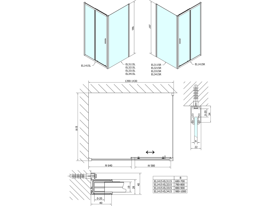 Polysan EASY obdélníkový sprchový kout 1400x700mm, čiré sklo L/P varianta EL1415EL3115