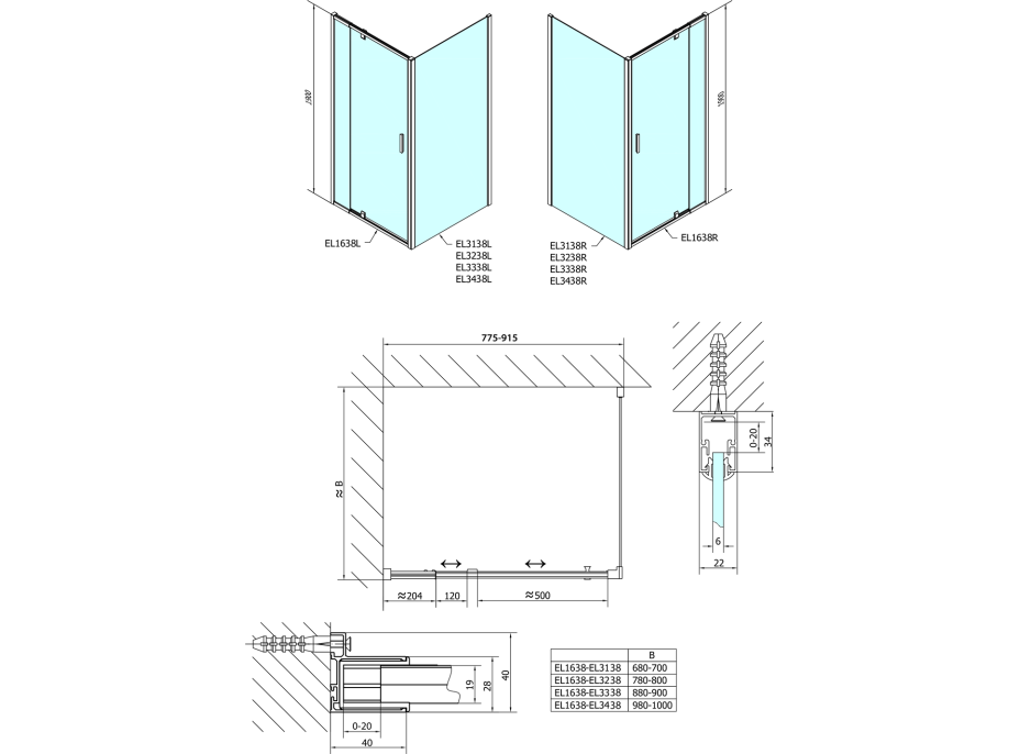 Polysan EASY obdélník/čtverec sprchový kout pivot dveře 800-900x800mm L/P varianta, sklo Brick EL1638EL3238