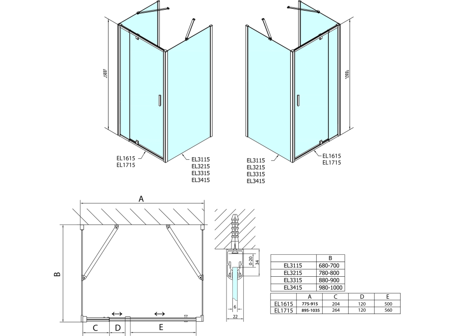 Polysan EASY třístěnný sprchový kout 900-1000x700mm, pivot dveře, L/P varianta, čiré sklo EL1715EL3115EL3115