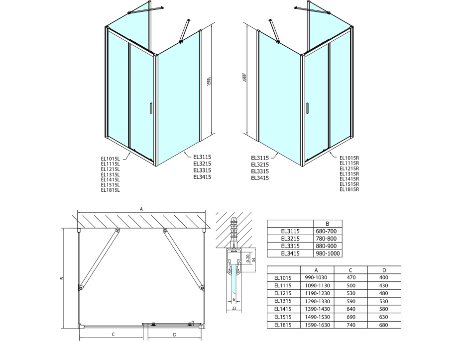 Polysan EASY třístěnný sprchový kout 1500x900mm, L/P varianta, čiré sklo EL1515EL3315EL3315