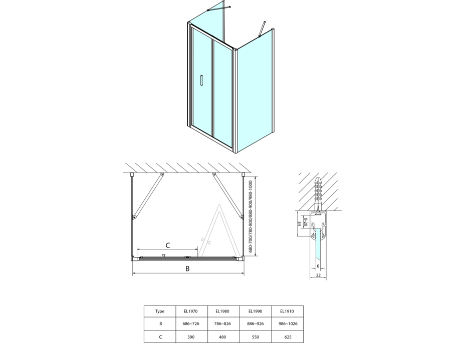 Polysan EASY třístěnný sprchový kout 900x700mm, skládací dveře, L/P varianta, čiré sklo EL1990EL3115EL3115