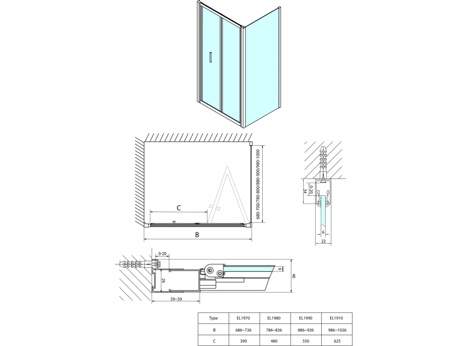 Polysan EASY obdélníkový sprchový kout 900x1000mm, skládací dveře, L/P varianta, čiré sklo EL1990EL3415