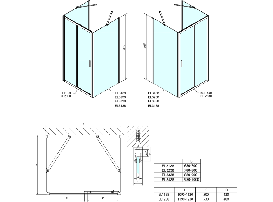 Polysan EASY třístěnný sprchový kout 1200x800mm, L/P varianta, sklo Brick EL1238EL3238EL3238