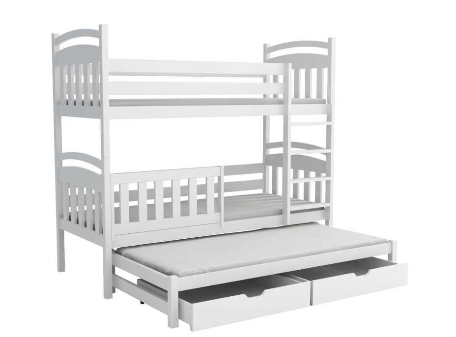 Dětská patrová postel z masivu borovice ONDRA s přistýlkou a šuplíky - 200x90 cm - BÍLÁ