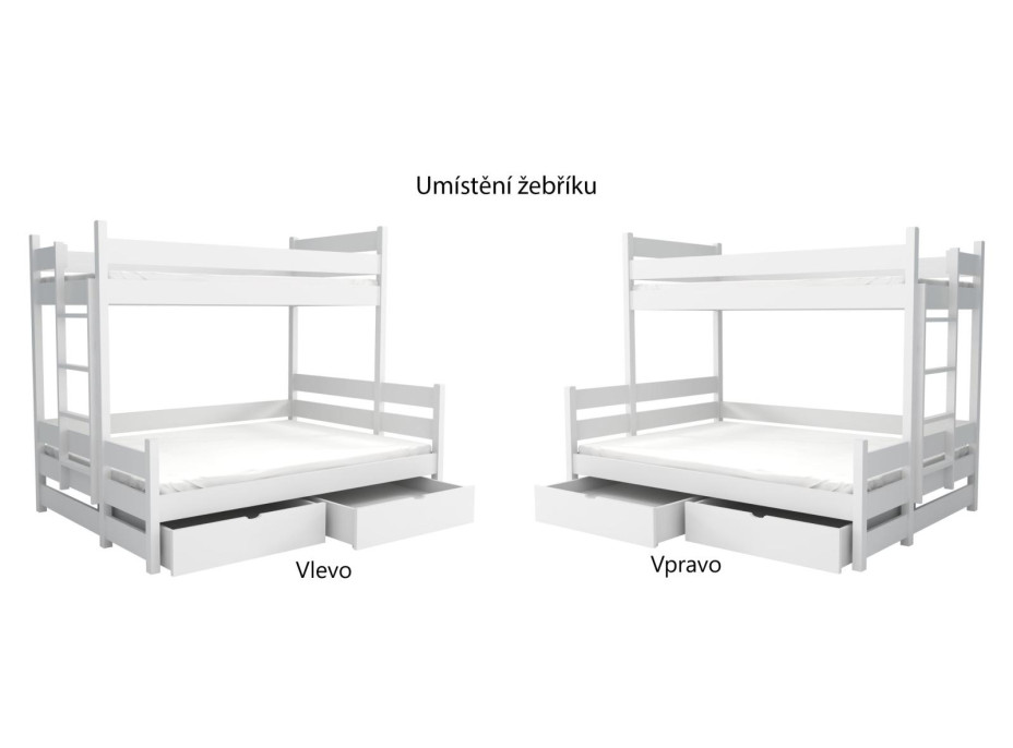 Dětská patrová postel z masivu borovice s rozšířeným spodním lůžkem BERTA se šuplíky - 200x90/140 cm - BÍLÁ