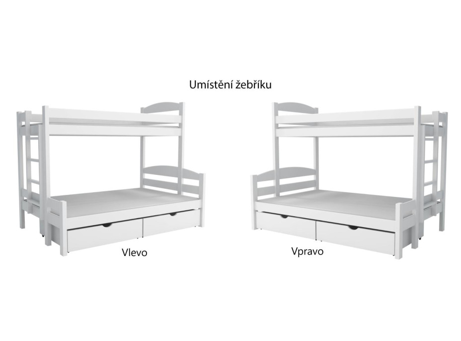 Dětská patrová postel z masivu borovice s rozšířeným spodním lůžkem SAVANA  se šuplíky - 200x90/140 cm - BÍLÁ