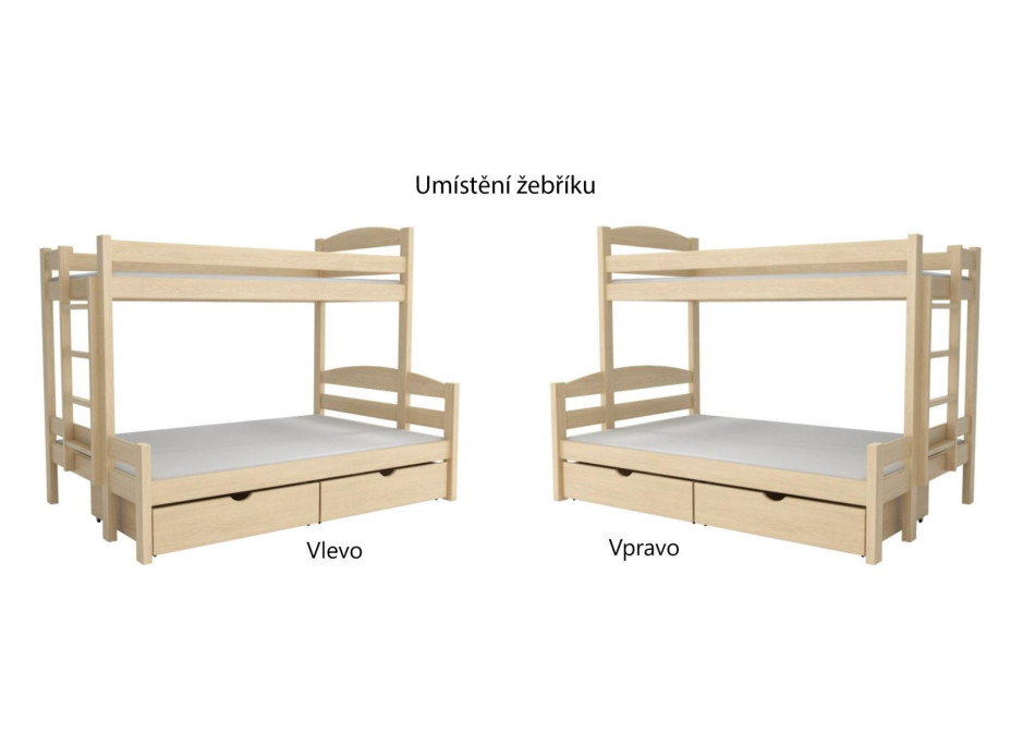 Dětská patrová postel z masivu borovice s rozšířeným spodním lůžkem SAVANA  se šuplíky - 200x90/140 cm - PŘÍRODNÍ BOROVICE