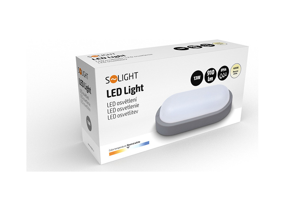 Solight LED venkovní osvětlení oválné, 13W, 910lm, 4000K, IP54, 21cm, šedá barva