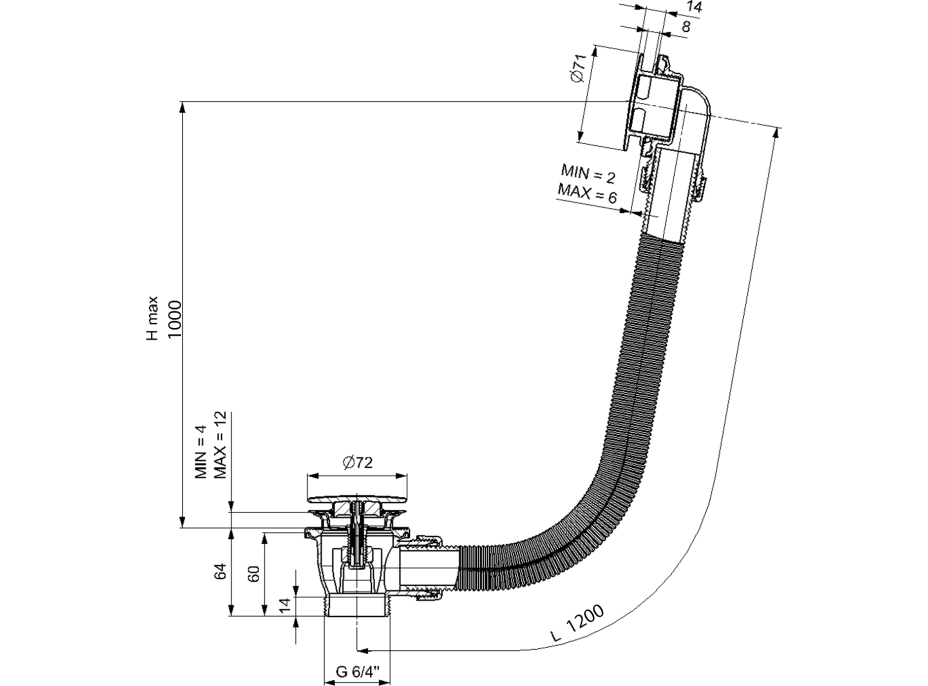 Polysan Vanová souprava bez napouštění, click-clack, délka 1200mm, zátka 72mm, černá mat 71858.21