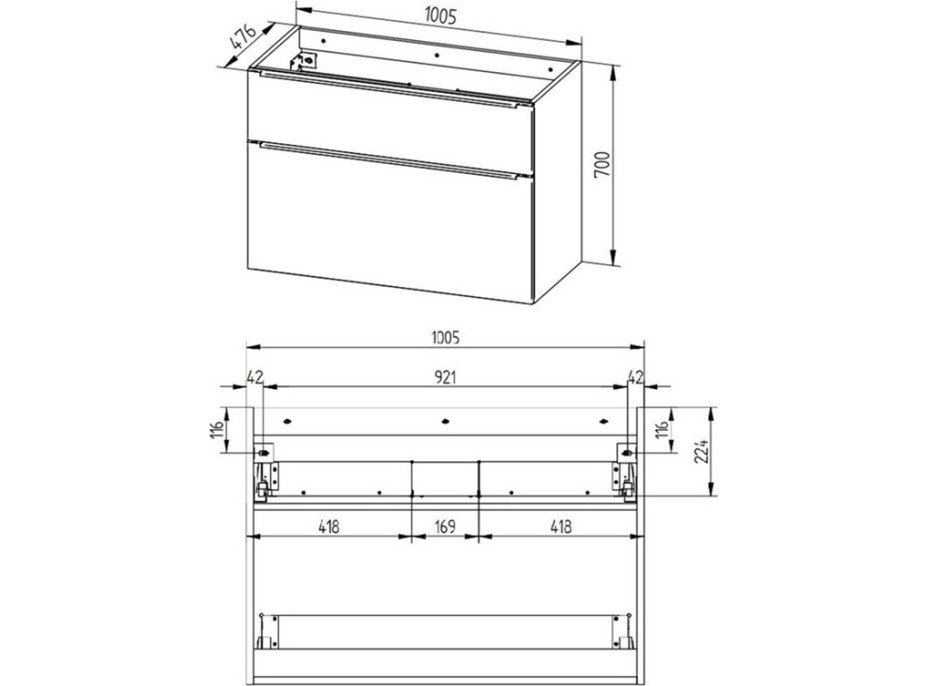 Koupelnová skříňka s keramickým umyvadlem MAILO 101 cm - 2 zásuvky - chrom madlo