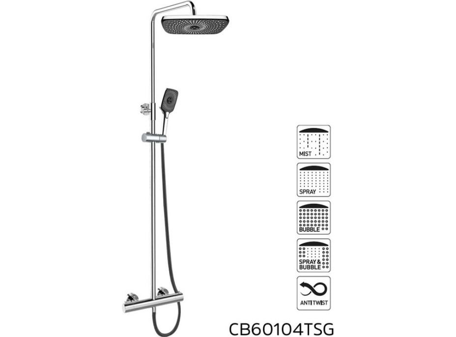 Sprchová souprava s termostatickou baterií a hranatou dešťovou hlavicí