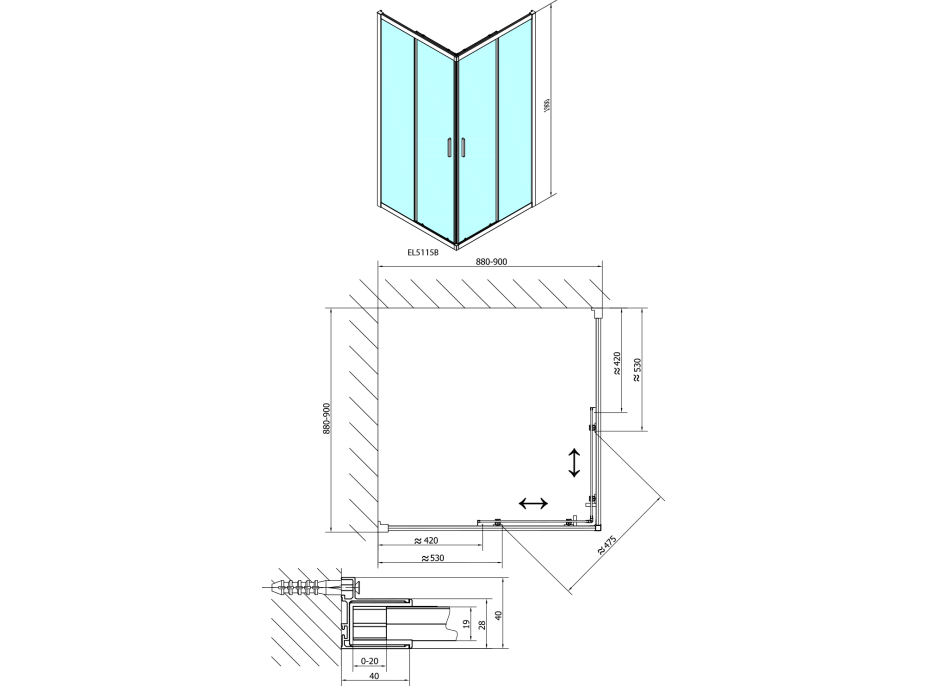 Polysan EASY BLACK čtvercová sprchová zástěna 900x900mm, čiré sklo EL5115B