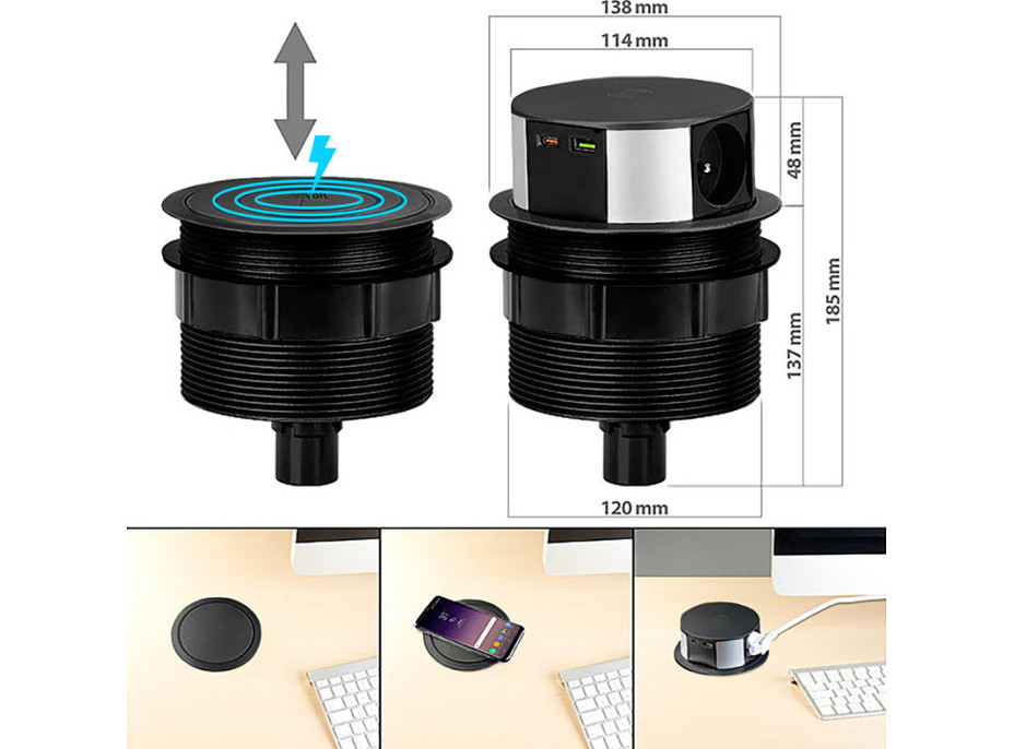 Solight 3z + USB A+C 20W PD, Wireless 10W, výsuvný blok zásuvek, 2m, černý