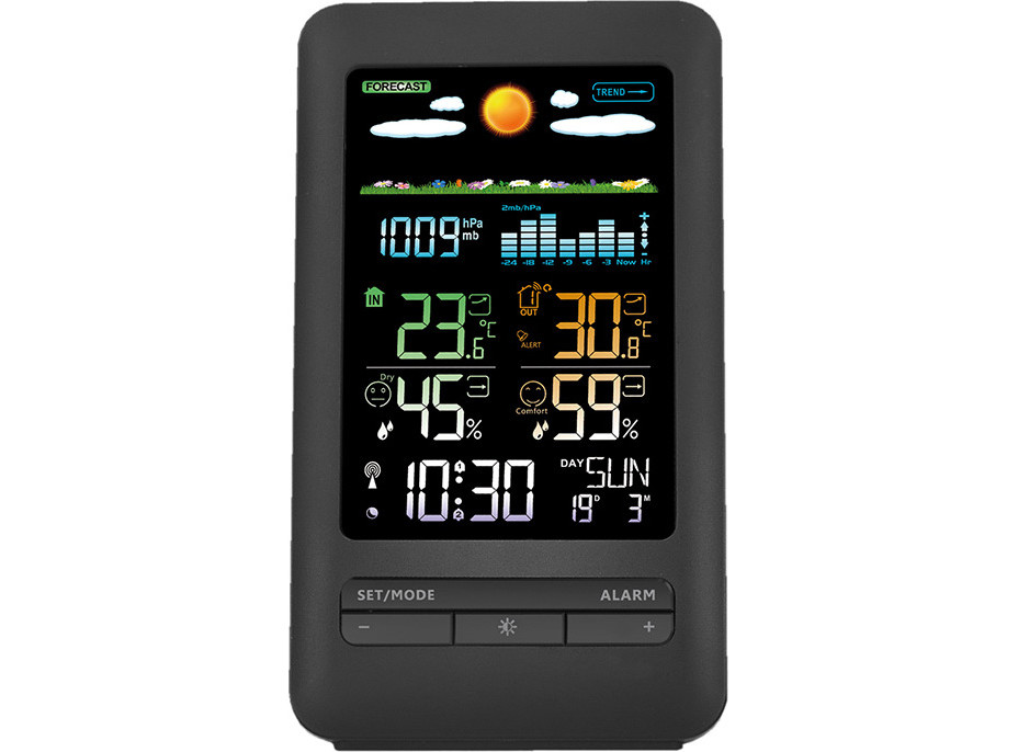 Solight meteostanice, barevný LCD, vnitřní/venkovní teplota a vlhkost, tlak, RCC, černá