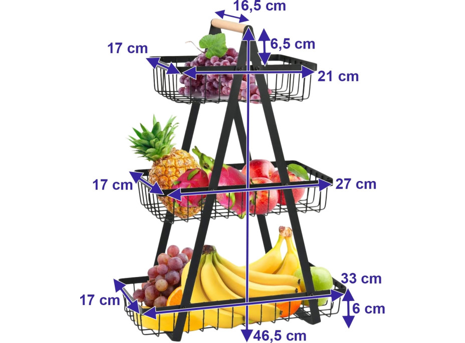 Kovový košík na ovoce PULOS - 3patrový - černý