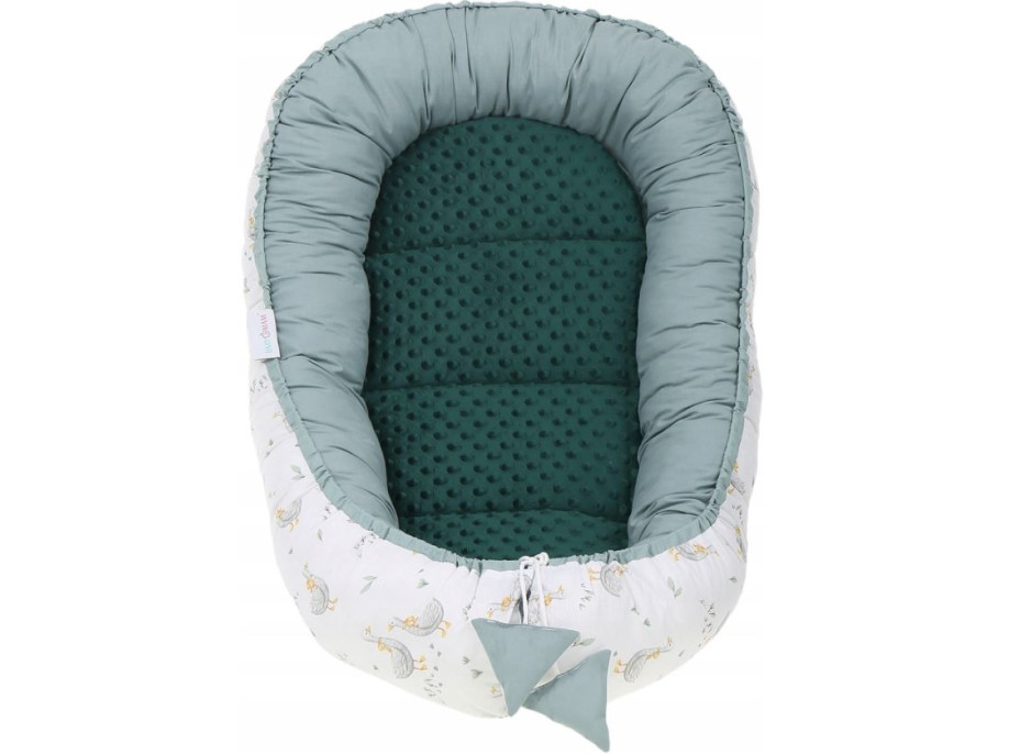 Oboustranné hnízdečko (kokon) pro miminko - BABYMAM PREMIUM set 7v1 - Husičky s tmavě zelenou minky