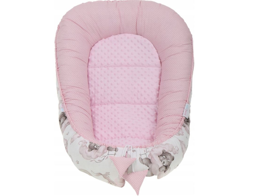 Oboustranné hnízdečko (kokon) pro miminko - BABYMAM PREMIUM set 7v1 - Medvíďata se světle růžovou minky