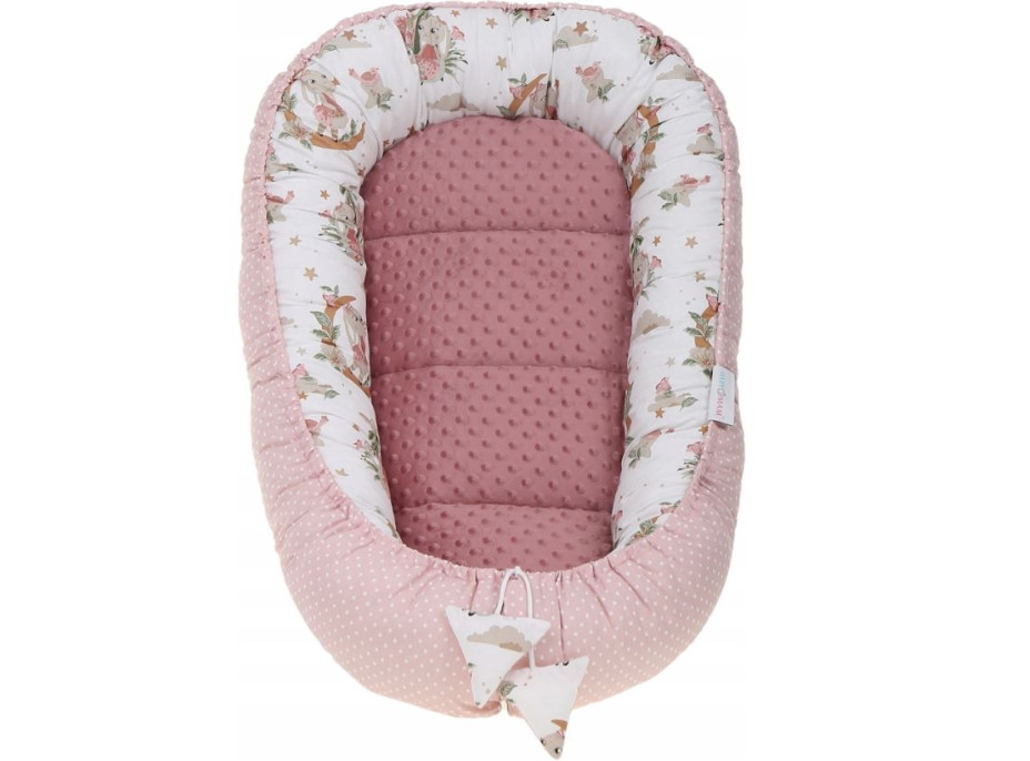 Oboustranné hnízdečko (kokon) pro miminko - BABYMAM PREMIUM set 7v1 - V říši snů se starorůžovou minky