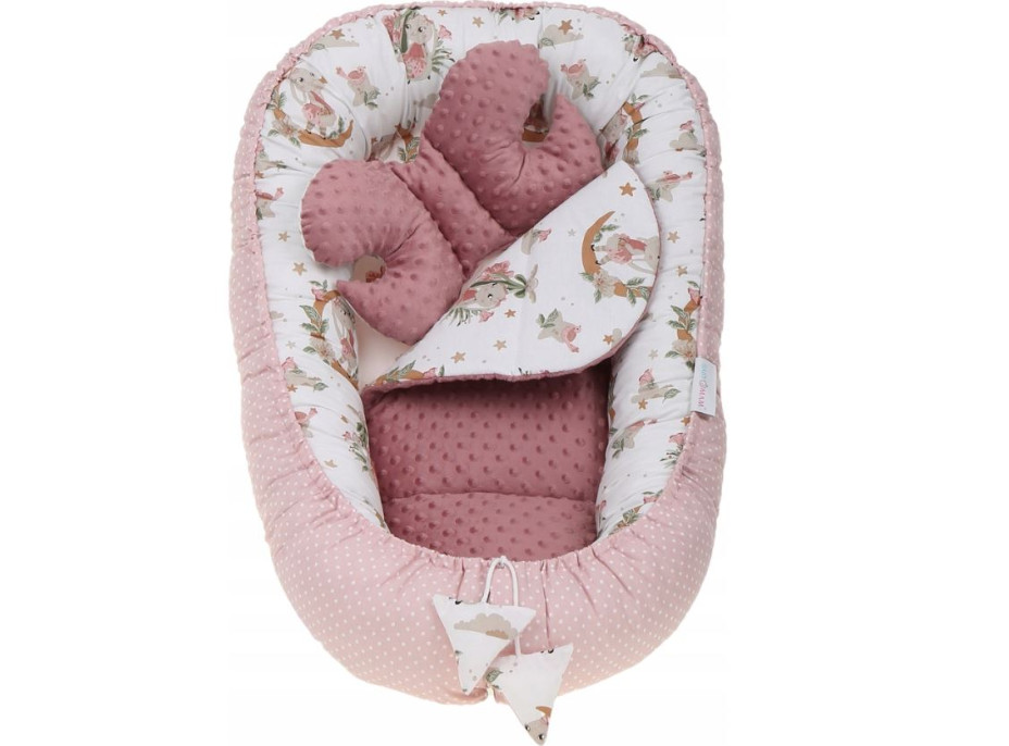 Oboustranné hnízdečko (kokon) pro miminko - BABYMAM PREMIUM set 7v1 - V říši snů se starorůžovou minky