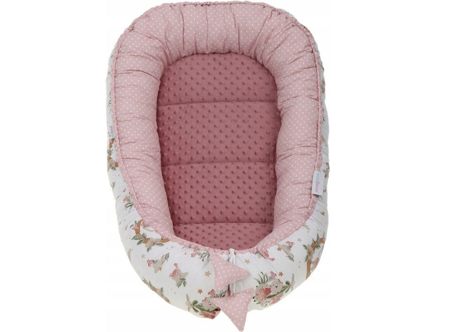 Oboustranné hnízdečko (kokon) pro miminko - BABYMAM PREMIUM set 7v1 - V říši snů se starorůžovou minky