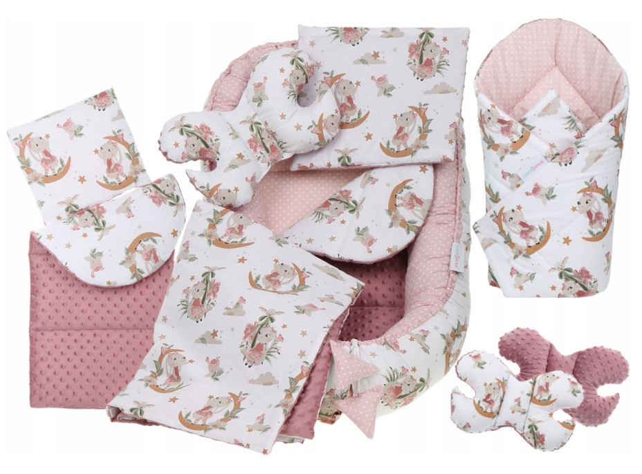 Oboustranné hnízdečko (kokon) pro miminko - BABYMAM PREMIUM set 7v1 - V říši snů se starorůžovou minky