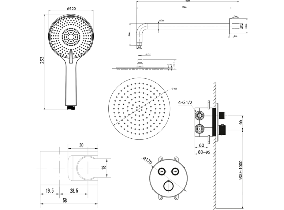 Sapho SMART SELECT podomítkový sprchový set s termostatickou baterií, 2 výstupy, vyústění, černá mat RP032B-01