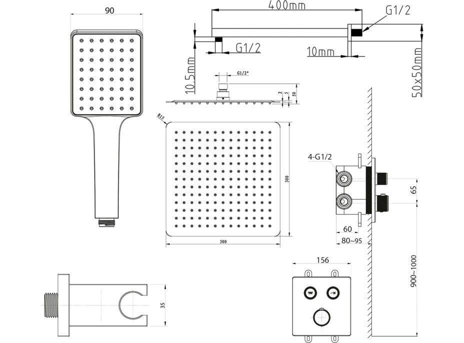 Sapho SMART SELECT podomítkový sprchový set s termostatickou baterií, 2 výstupy, vyústění, zlato mat RP042GB-01