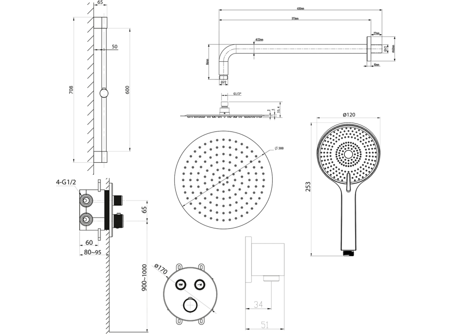 Sapho SMART SELECT podomítkový sprchový set s termostatickou baterií, 2 výstupy, posuvný držák sprchy, zlato mat RP032GB-02