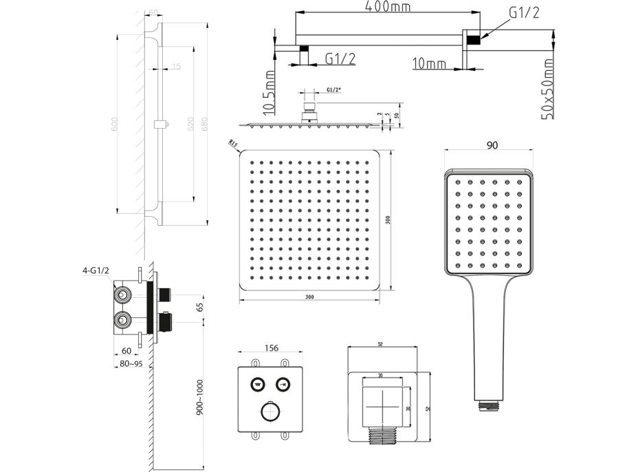 Sapho SMART SELECT podomítkový sprchový set s termostatickou baterií, 2 výstupy, posuvný držák sprchy, chrom RP042-02