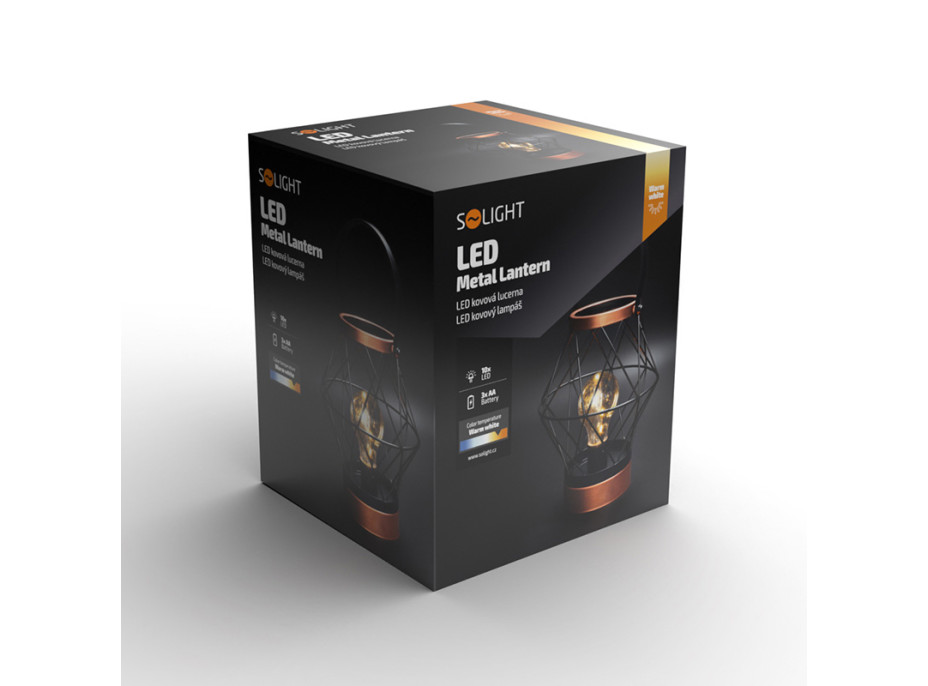 Solight kovová lucerna se žárovkou s micro LED, teplá bílá, 3xAA, 20cm