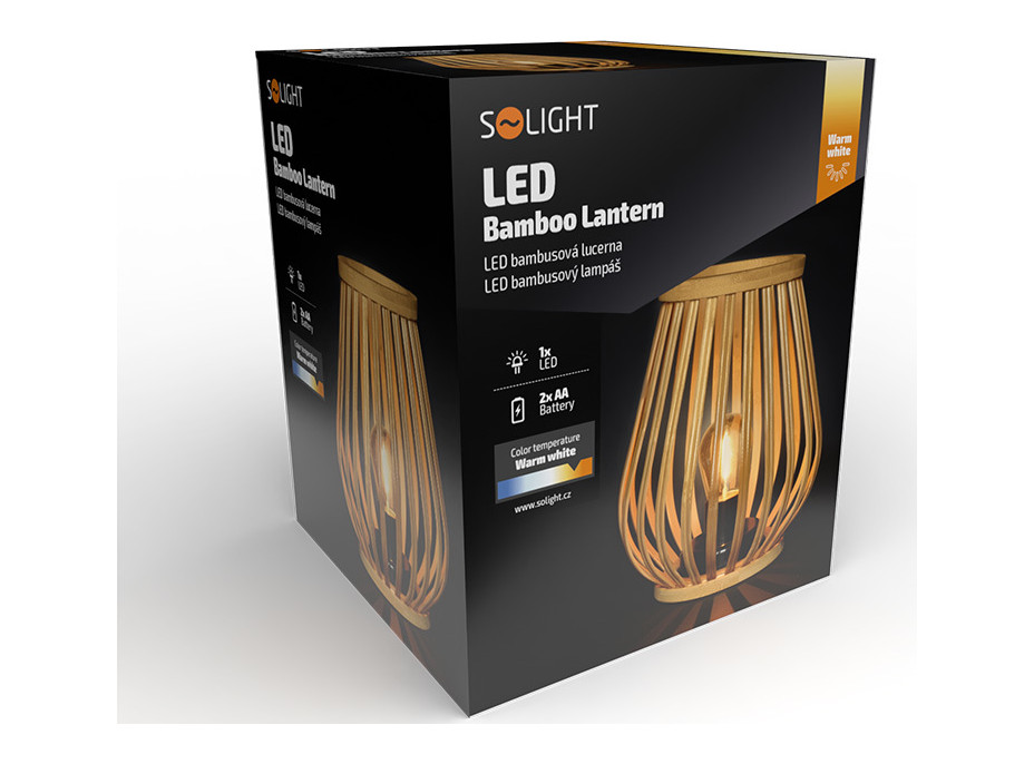 Solight bambusová lucerna s LED žárovkou, teplá bílá, 2x AA, 20cm