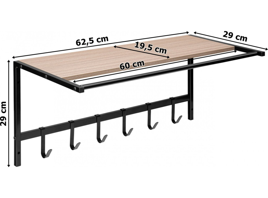 Nástěnný věšák s policí AZUL - černá/světlý buk