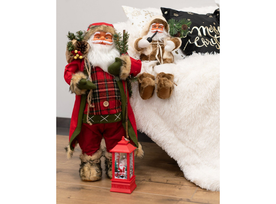 Vánoční dekorativní figurka Santa Claus béžový s dýmkou a jehličím - 44 cm