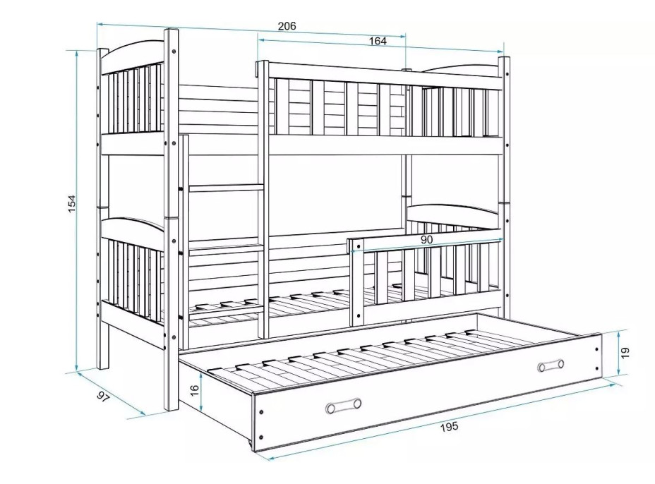 Dětská patrová postel KUBÍK s přistýlkou 200x90 cm - bílá