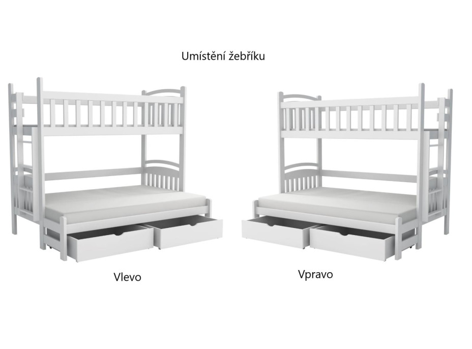 Dětská patrová postel z masivu borovice s rozšířeným spodním lůžkem LUKÁŠ se šuplíky - 200x90/140 cm - BÍLÁ