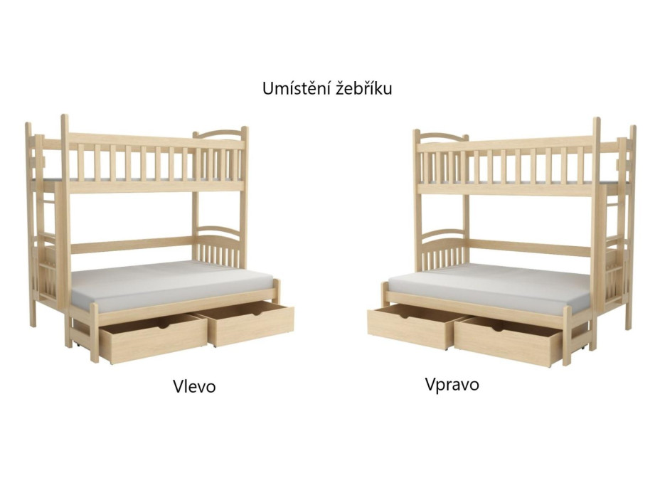 Dětská patrová postel z masivu borovice s rozšířeným spodním lůžkem LUKÁŠ se šuplíky - 200x90/140 cm - PŘÍRODNÍ BOROVICE