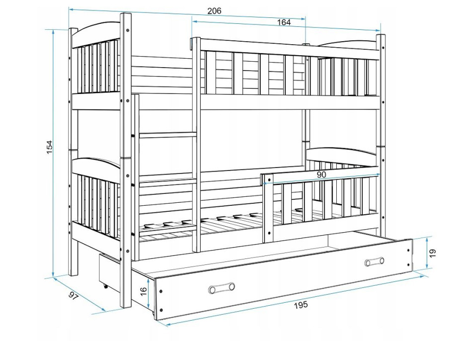 Dětská patrová postel KUBÍK se šuplíkem 200x90 cm - bílá