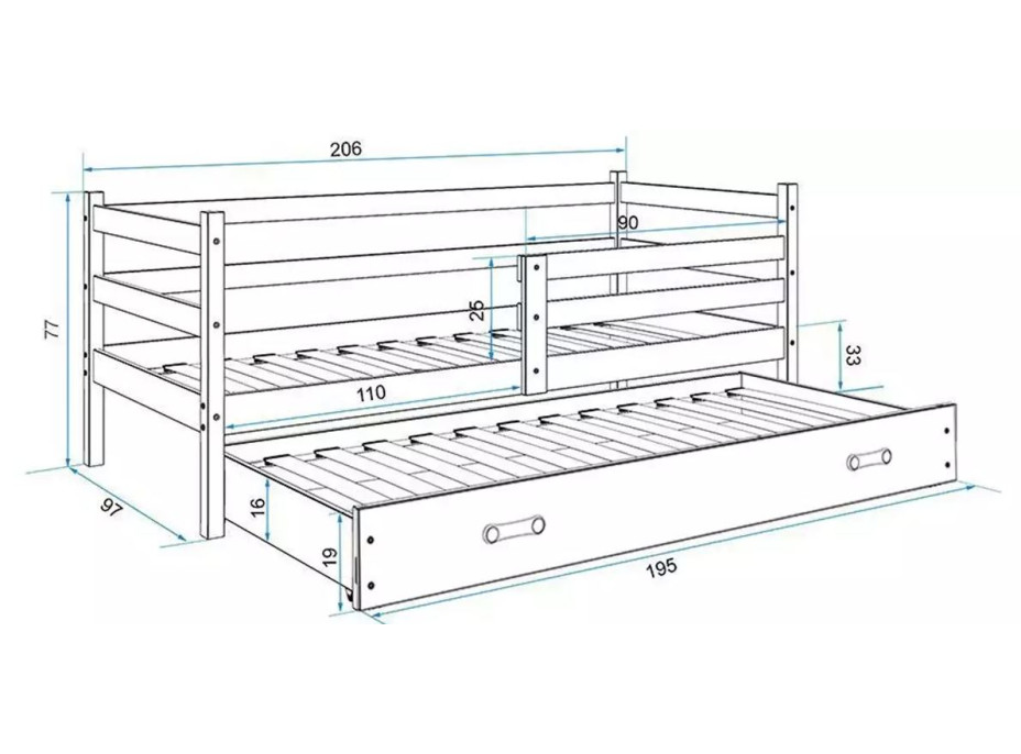 Dětská postel ERIK s přistýlkou 200x90 cm - bílá