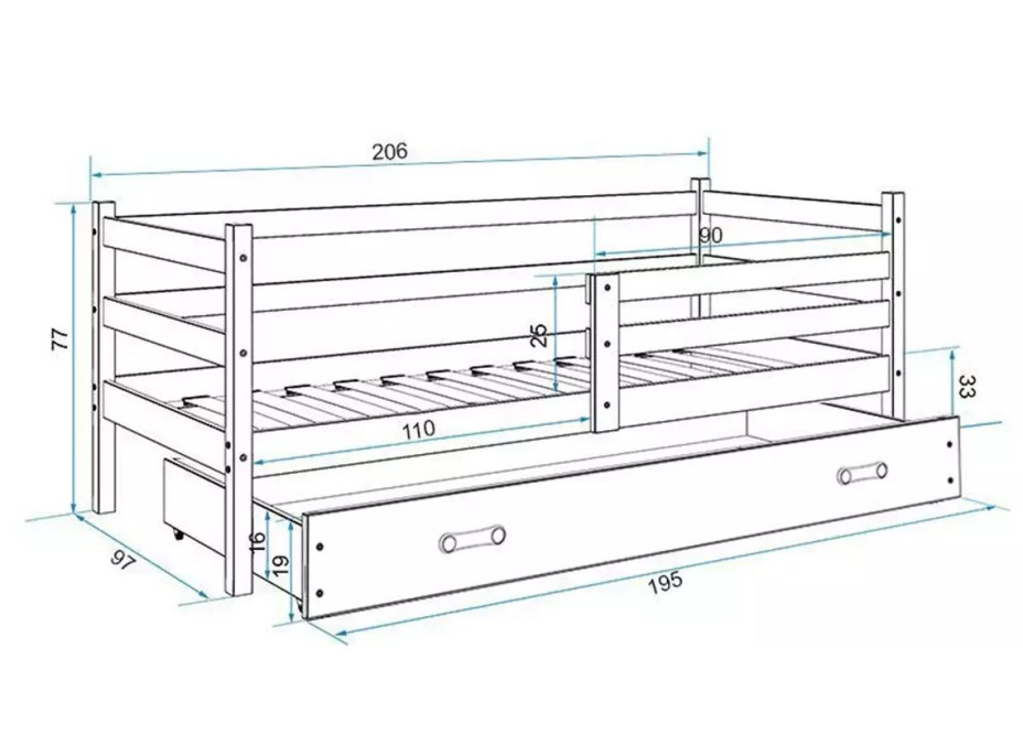 Dětská postel ERIK se šuplíkem 200x90 cm - bílá