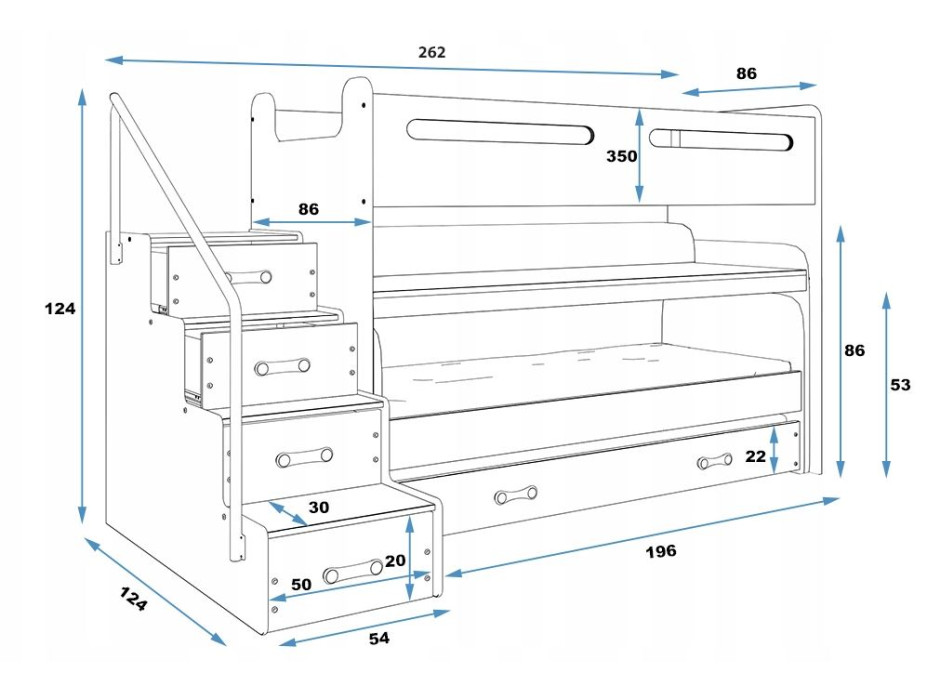 Dětská vyvýšená patrová postel s psacím stolem a přistýlkou MAXÍK 1 200x80 cm - bílá + matrace ZDARMA