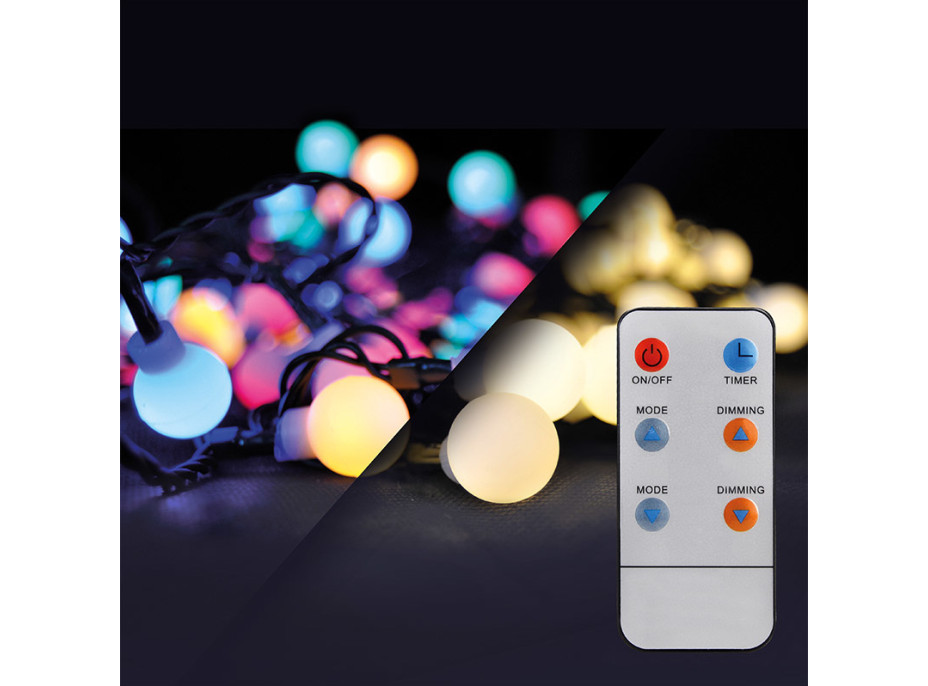 Solight LED 2v1 venkovní vánoční řetěz, koule, dálkový ovladač, 100LED, RGB+bílá, 10m+5m, 8 funkcí, IP44