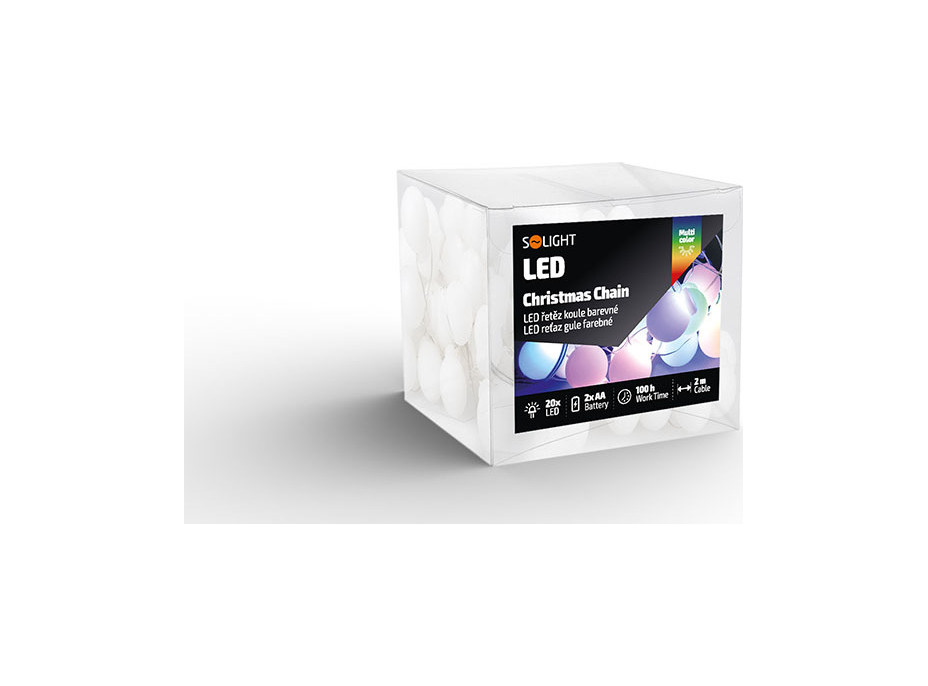 Solight LED vánoční řetěz barevné koule, 20x LED, 2m, 2x AA