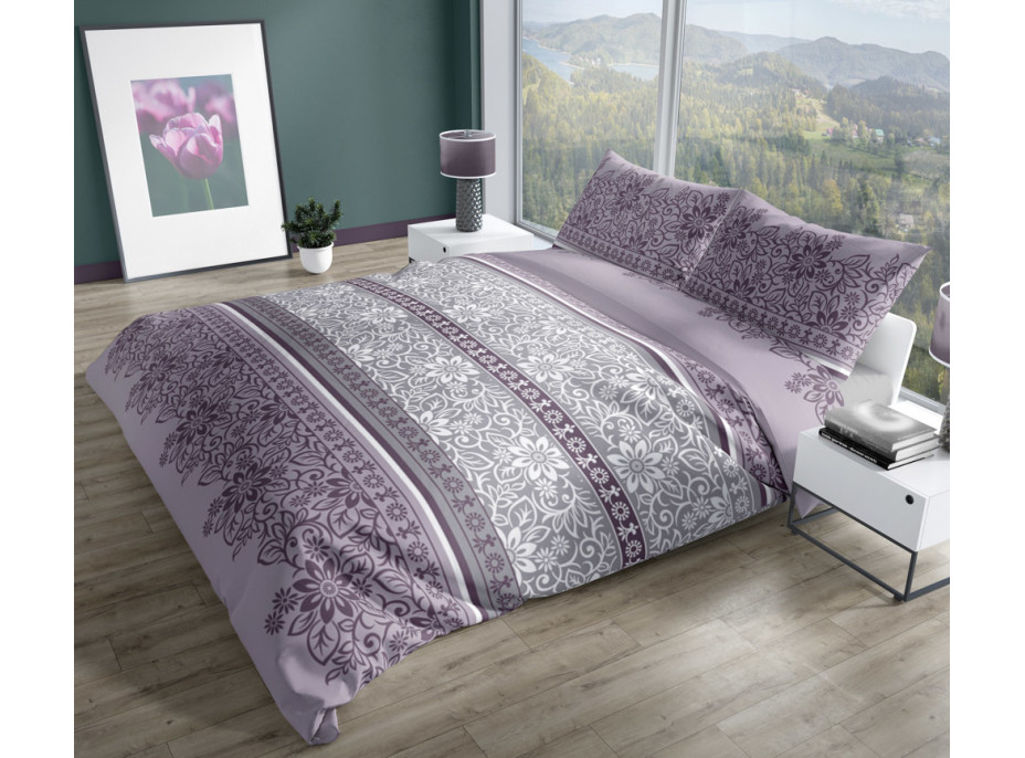 Saténové povlečení PURE SATEEN Flowers - fialové/šedé - 220x200 cm