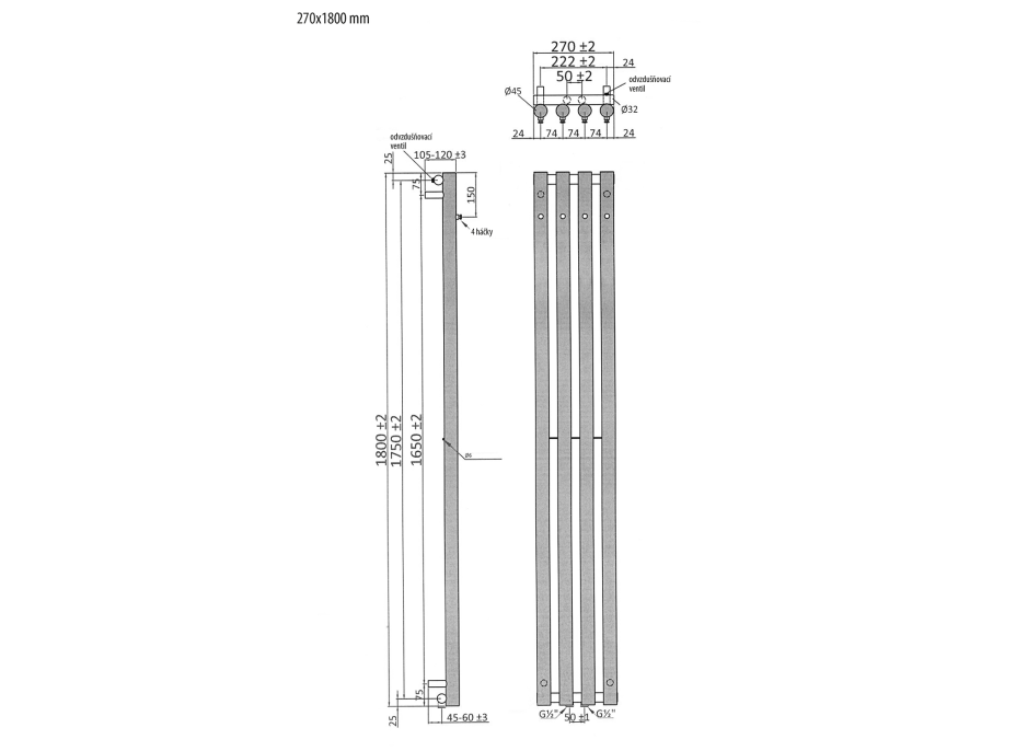 Sapho PILON otopné těleso 270x1800mm, se čtyřmi háčky pro ručník, černá mat IZ122T