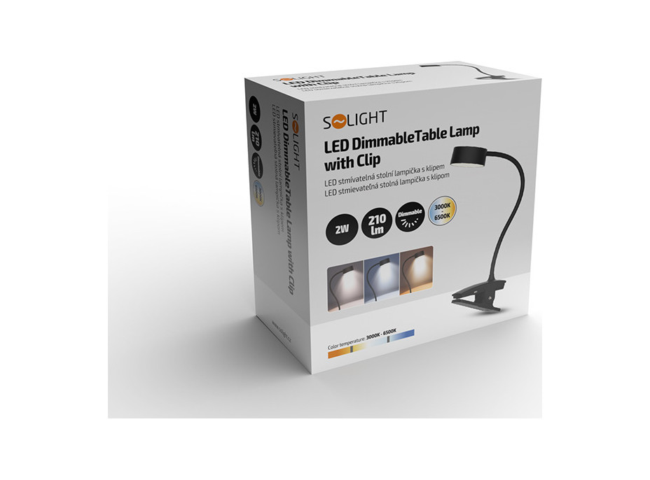 Solight LED stolní nabíjecí lampička, 2W, 210lm, 3CCT, černá, clip